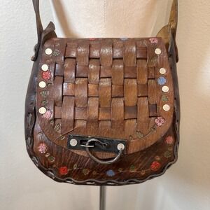 Vtg 70s Hand Tooled Brown Leather Woven Flap Shoulder Bag Painted Flowers Hippie